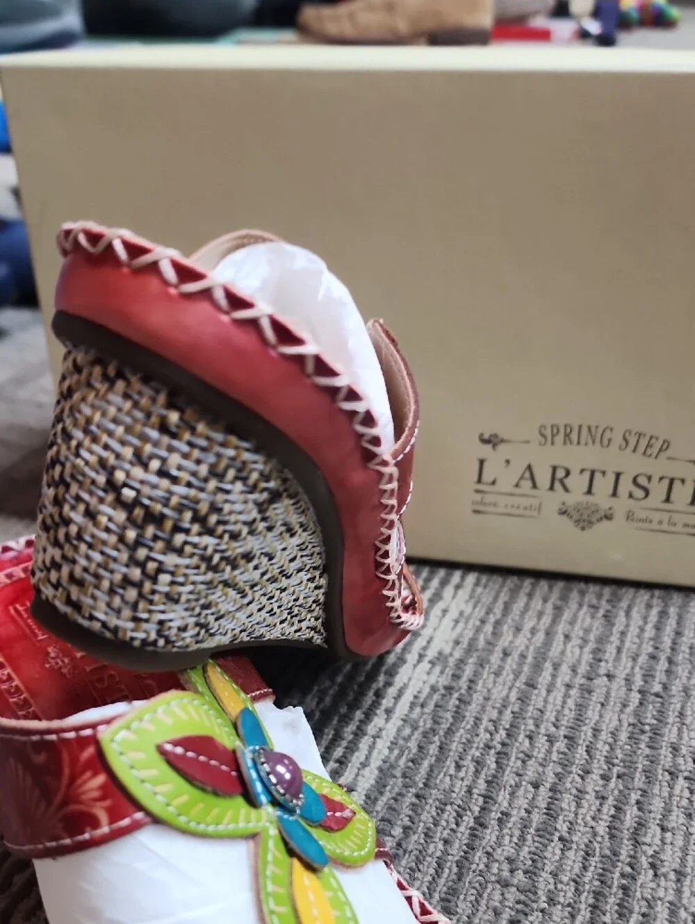 L'Artiste Red Floral Leather Wedge Sandals